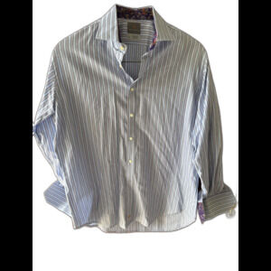 THOMAS DEAN Shirt Mens Blue Striped Flip Cuff Long Sleeves L Large Dressy/Casual